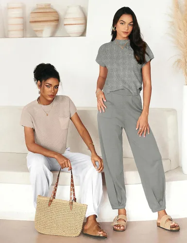 Vista 4 de MEROKEETY Conjunto de dos piezas para mujer, suéter de punto, sin botones, pantalones de cintura alta, conjunto de chándal