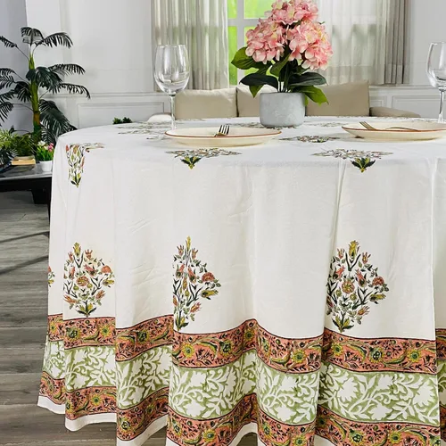 Vista 135 de Ridhi Mantel redondo estampado a mano color rosa flamenco 110 pulgadas 100%