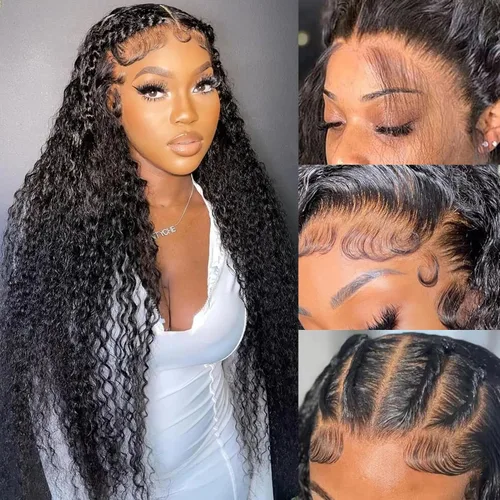 Vista 17 de Pelucas de cabello humano ondulado con encaje frontal 360 con correa oculta, nudos blanqueados, sin pegamento, previamente despuntadas, precortadas