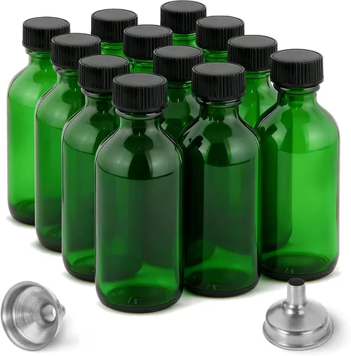 Vista 9 de Paquete de 6 botellas de vidrio ámbar de 2 onzas para extracto de vainilla, tarros redondos de vidrio marrón Boston a prueba de fugas con tapas