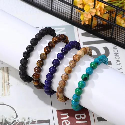 Vista 3 de PRETYZOOM Pulseras de piedra de ágata natural, pulseras de cuentas, pulseras elásticas, pulseras redondas de cuentas de 0.315 in, pulseras elásticas