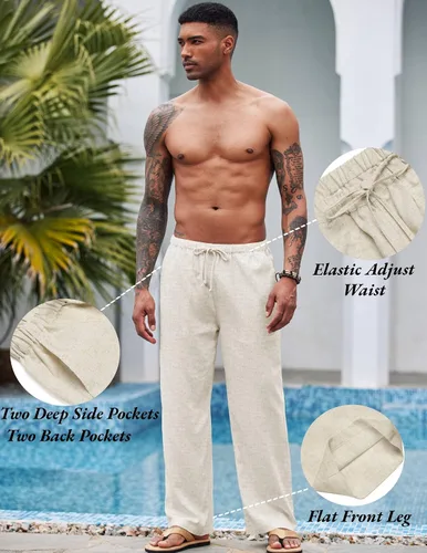 Vista 5 de COOFANDY Pantalones deportivos de lino, holgados, para hombre, ligeros, cintura elástica, para yoga y playa