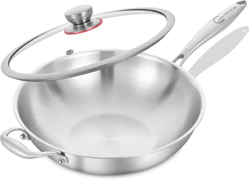 Vista 7 de LOLYKITCH Wok de acero inoxidable de 10 pulgadas con tapa de vidrio Mango