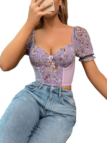 Vista 5 de SweatyRocks Top corto de gasa con estampado floral y manga corta abombada y cuello corazón para mujer