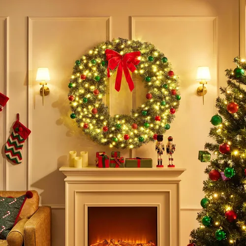 Vista 3 de Yaheetech 2 coronas artificiales grandes de Navidad de 48 pulgadas, decoración navideña preiluminada con lazo rojo, 200 luces LED y 720 puntas