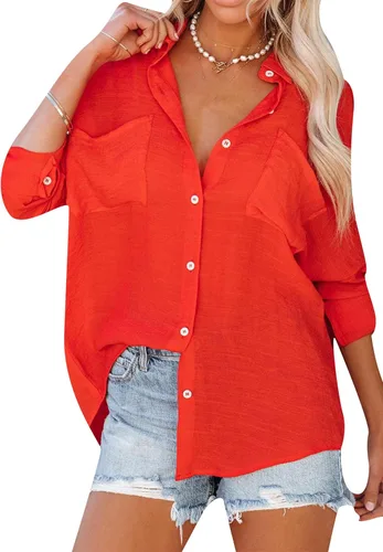 Vista 10 de MAYRAIN Camisa de manga larga con botones y cuello de solapa para mujer, camisa casual de verano con bolsillos