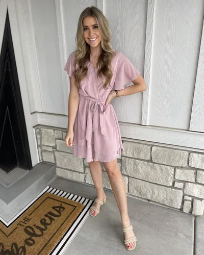 Vista 6 de BTFBM - Vestido corto de verano 2023 con cuello en V para mujer, manga corta, cintura alta, dobladillo con volantes, falso cruce