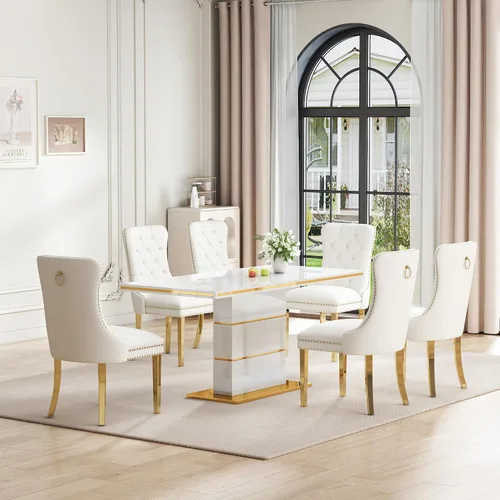 Vista 15 de Mesa de comedor moderna negra para 6 personas, mesa de cocina rectangular de 63 pulgadas con acabado lacado dorado y base de pedestal de acero