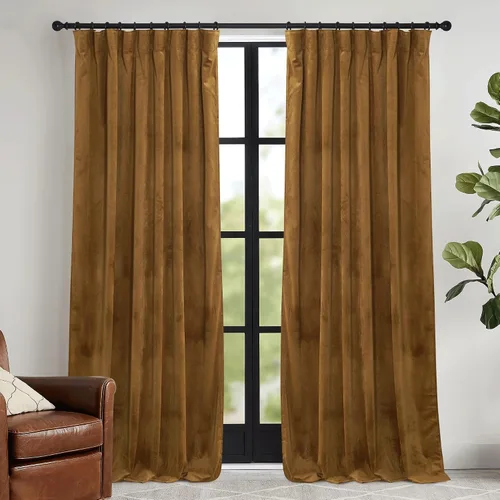 Vista 19 de RYB HOME Cortinas elegantes de terciopelo verde de 63 pulgadas de largo, bloqueo de luz, aislamiento térmico, elegantes cortinas de terciopelo