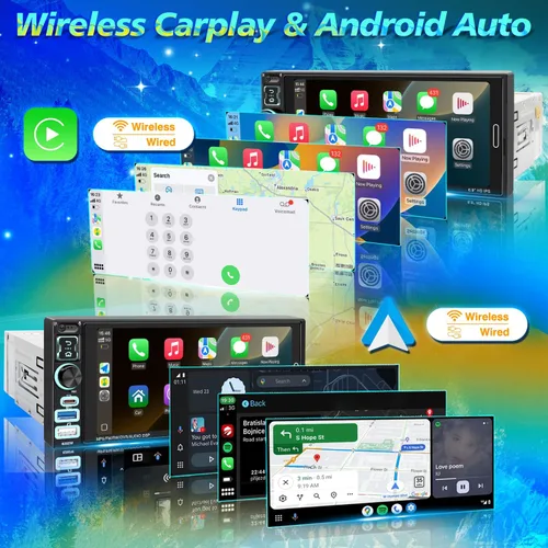 Vista 2 de Estéreo de coche de un solo DIN con Apple Carplay inalámbrico y Android Auto, radio IPS de 6.9 pulgadas con pantalla táctil Bluetooth 5.2, control