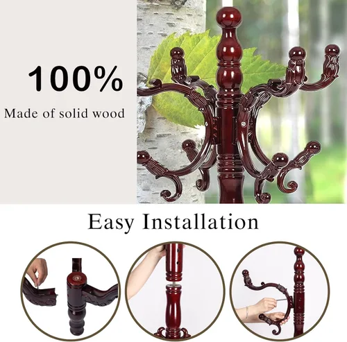 Vista 6 de Perchero de madera independiente, colgador de árbol de pasillo con ganchos de resina, perchero ajustable y resistente para colgar ropa, bolsas