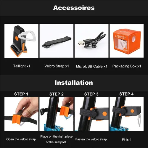 Vista 6 de Maso Luces traseras para bicicleta, recargable por USB, luz de advertencia de cola de bicicleta, seguridad trasera, 5 modos, impermeable
