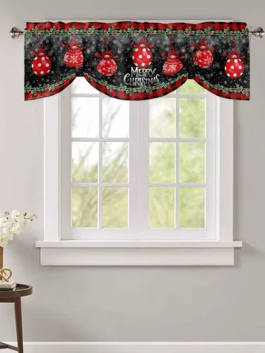 Vista 2 de Cenefa de cortina con lazo rojo de Navidad para ventanas, sala de estar, cocina, baño, granja, bolas de Navidad de acuarela con diseño de bayas