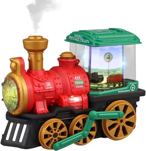 Vista 8 de Miracland Tren de vapor retro con función de pulverización de niebla, juguete locomotora vintage con rueda universal, luces y música y carro Verde