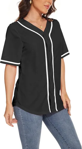 Vista 5 de Camisetas de béisbol para mujer, con botones, cuello en V, para sóftbol, uniforme de equipo, a la moda, simple, con rayas anchas, manga corta