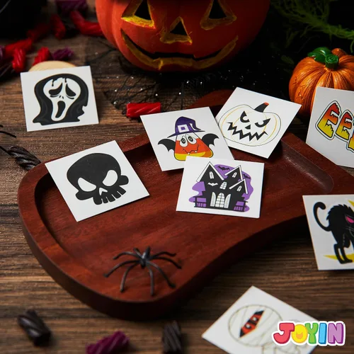 Vista 6 de JOYIN 144 tatuajes temporales brillantes de Halloween, 12 diseños luminosos de Halloween, calabaza, fantasma, calcomanías de tatuaje para niños