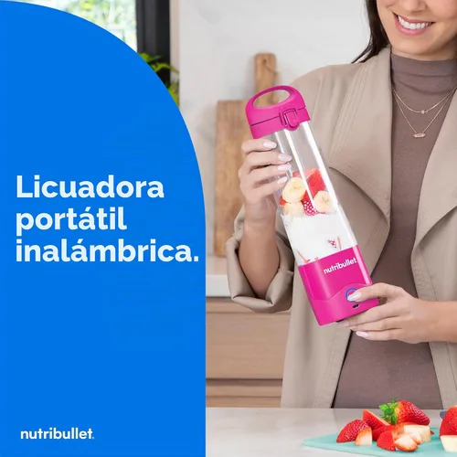 Vista 2 de NutriBullet Licuadora portátil, inalámbrica, recipiente de 20oz, licuadora personal, recargable por USB-C, rosa brillante, NBPB50100BP