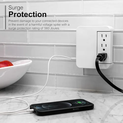 Vista 4 de GE Protector SurGE giratorio Pro de acceso lateral, extensor de 5 salidas con 2 puertos USB, adaptador de grifo de pared, estación de carga, 3