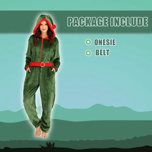 Vista 7 de ReneeCho Disfraz de elfo para mujer, disfraz de Navidad, pijama de elfo verde, traje de vacaciones, Verde