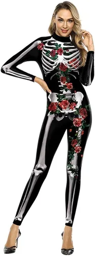 Vista 12 de Sister Amy Disfraz de esqueleto de Halloween para mujer, overol de cosplay