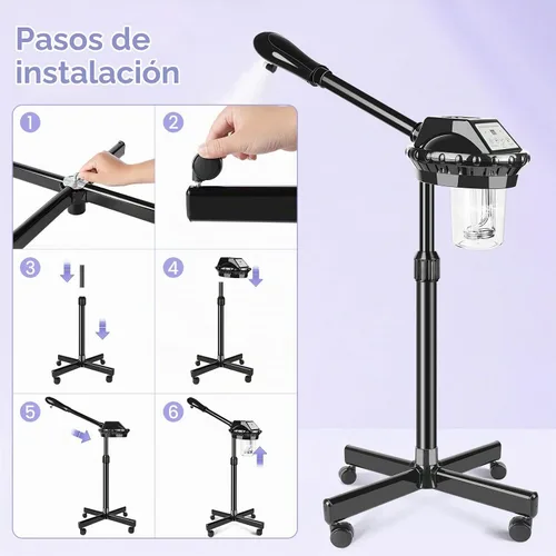 Vista 6 de Vaporizador facial, vaporizador facial poressional sobre ruedas con función de temporizador, vaporizador facial de ozono para spa, salón y uso