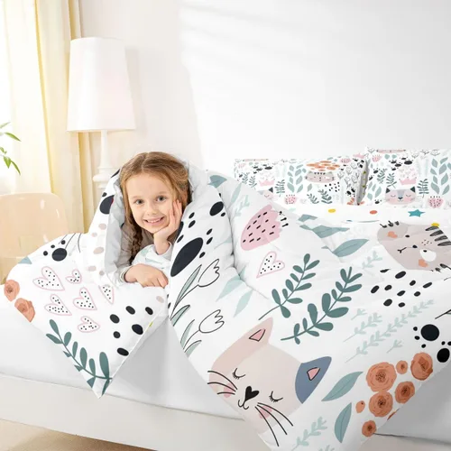 Vista 2 de Juego de ropa de cama tamaño individual para niñas y niños, juego de edredón de dibujos animados de animales y gatos, decoración de habitación