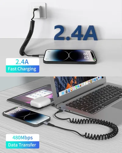 Vista 2 de Cable Lightning en espiral, paquete de 2 cables retráctiles para cargador de iPhone en el coche, cable USB a Lightning de carga rápida, compatible