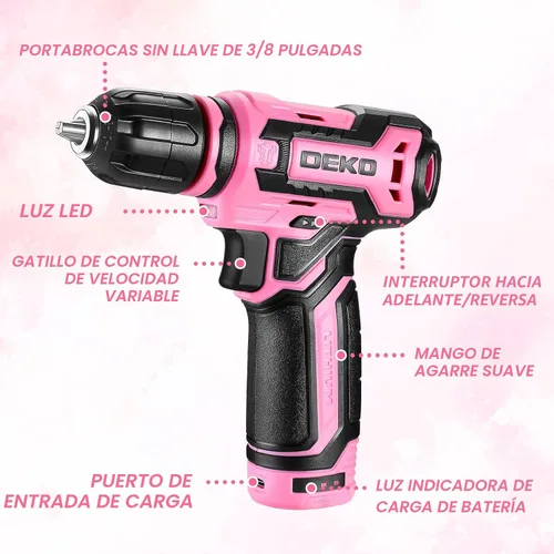 Vista 2 de Taladro inalámbrico: juego de taladro eléctrico DEKOPRO de 12 V con taladros eléctricos rosa de 800 RPM con caja de regalo, juego de taladro rosa