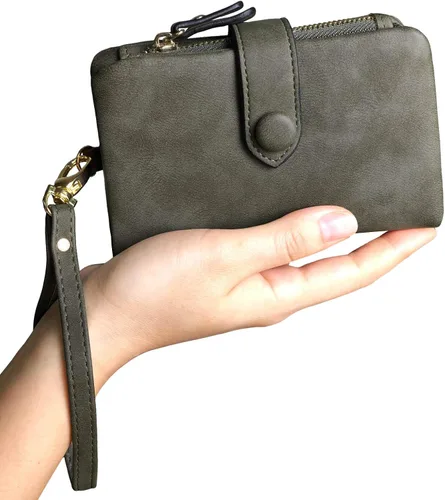 Vista 3 de PofeeXIO Cartera de cuero pequeña para mujer Bifold RFID con muñequera para damas, ranura para tarjetas, ventana para identificación, monedero