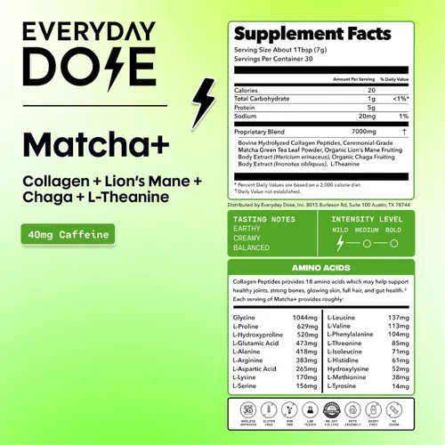 Vista 2 de Everyday Dose Mushroom Matcha+ Polvo de Matcha de Grado Ceremonial - Té Japonés con Colágeno Alimentado con Pasto, Melena de León, Chaga, L-Teanina