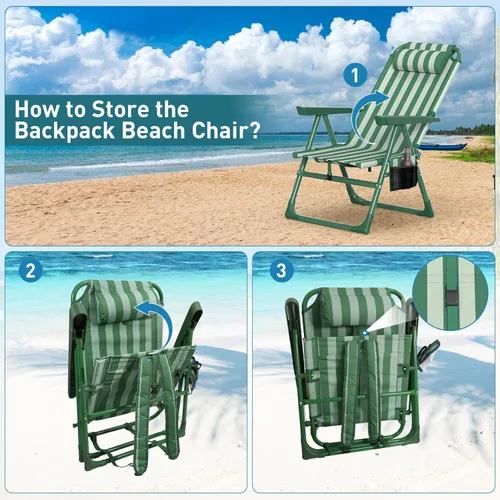 Vista 7 de Suteck Sillas de playa tipo mochila para adultos, paquete de 2, silla reclinable plegable de 6 posiciones con bolsa enfriadora y soporte para tazas
