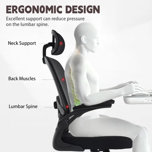 Vista 4 de Silla de oficina ergonómica con soporte lumbar ajustable 3D, respaldo alto de malla, reposacabezas giratorio de 75°, función mecedora, capacidad