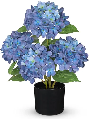 Vista 19 de Hollyone Flores artificiales de hortensias azules en maceta, flores grandes de seda de tres cabezas, arreglos florales falsos para interiores