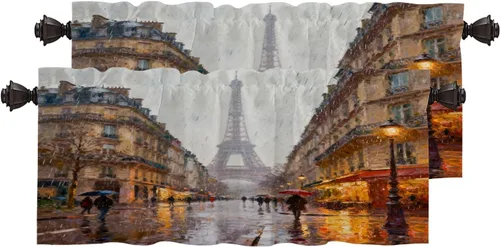 Vista 95 de Cortinas opacas de cocina con pintura al óleo de Europa rosa y negra para ventanas, cenefas opacas modernas de torre Eiffel de poliéster multicapa