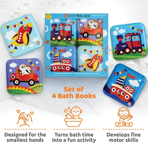 Vista 2 de Libros flotantes de baño para bebés, libros de baño con temática de transporte para bebés, bebés, juguetes de baño impermeables y sin moho
