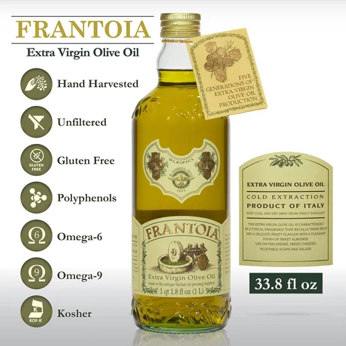 Vista 2 de Frantoi Aceite de oliva virgen extra, 33.8 onzas líquidas (1 litro) – AOVE siciliano galardonado hecho de aceitunas Biancolilla, Nocellara