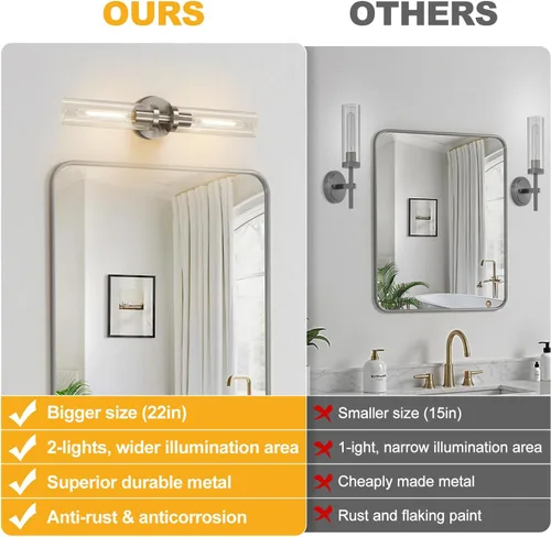 Vista 2 de Indoi Apliques de pared de níquel cepillado, apliques de baño cableados con vidrio transparente, modernos accesorios de tocador de baño para espejo