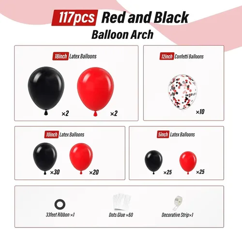 Vista 2 de Kit de guirnalda de arco de globos rojos y negros con globos de confeti negro y rojo para graduación, aniversario, San Valentín, Año Nuevo