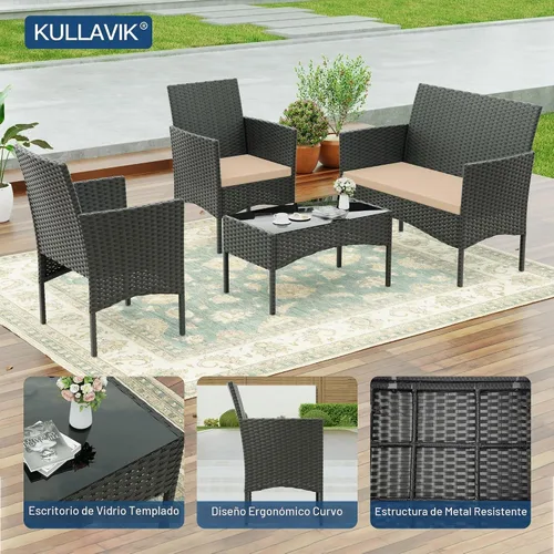 Vista 2 de Kullavik - Juego de muebles de patio de 4 piezas, sillas de mimbre de polietileno Beige