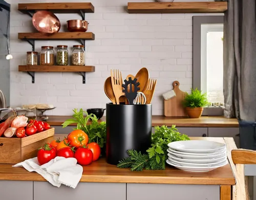 Vista 3 de Portautensilios de cocina, Portautensilios grandes para encimera, Recipiente de cerámica para utensilios, Profundo y estable, Portautensilios