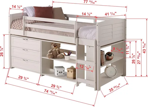 Vista 3 de Donco Kids Cama tipo loft baja modular con panel de listones en acabado blanco - Combo Set B