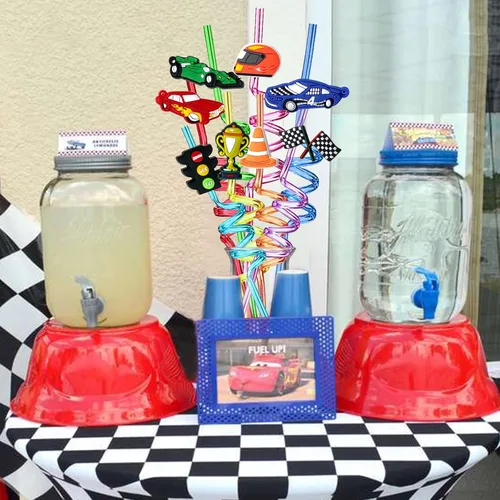 Vista 2 de 24 popotes reutilizables para decoración de fiesta de cumpleaños, suministros para fiestas de cumpleaños, marcadores de bebidas con 2 cepillos