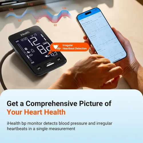 Vista 3 de iHealth Accu Monitor de presión arterial – Pantalla LCD grande de 4.5", clínicamente precisa, alerta de latidos cardíacos irregulares, detección