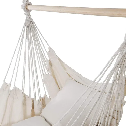 Vista 3 de Silla hamaca columpio, silla colgante de macramé, lona de algodón, incluye dos cojines de asiento suaves, silla hamaca colgante de cuerda