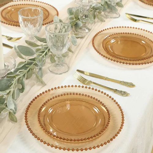 Vista 5 de Efavormart - Paquete de 10 platos de plástico para aperitivos de postre en oro ámbar con borde de cuentas, platos redondos desechables para ensalada