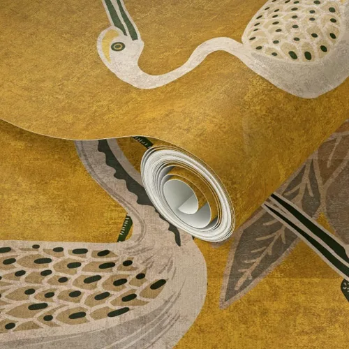 Vista 2 de Spoonflower Papel tapiz para despegar y pegar - Grúas Art Deco Golden Birds Gold Oriental Texture Silver Papel pintado extraíble personalizado