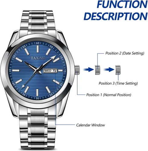 Vista 7 de Taxau Reloj minimalista para hombre, reloj de cuarzo de acero inoxidable para hombre con fecha, reloj clásico de cara grande impermeable para hombre