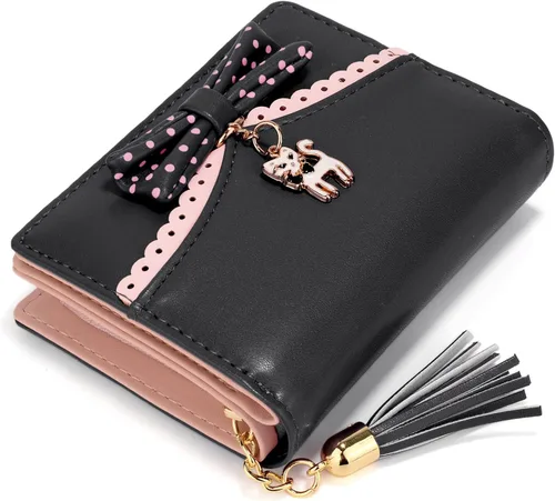 Vista 3 de UTO Cartera para niñas de piel sintética con colgante de gato con borla y cremallera, organizador de tarjetas para mujer, pequeño y lindo monedero
