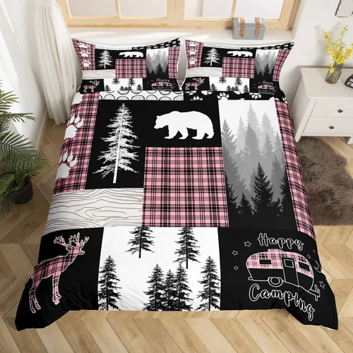 Vista 40 de Funda de edredón de oso de caza, tamaño individual, juego de ropa de cama rústica de animales del bosque para niños y niñas, funda de edredón a Oso