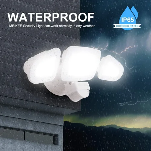 Vista 5 de MEIKEE Luces LED de seguridad de 42 W, luz con sensor de movimiento, luz de inundación al aire libre, 3600LM 6500K IP66 impermeable, 3 cabezales